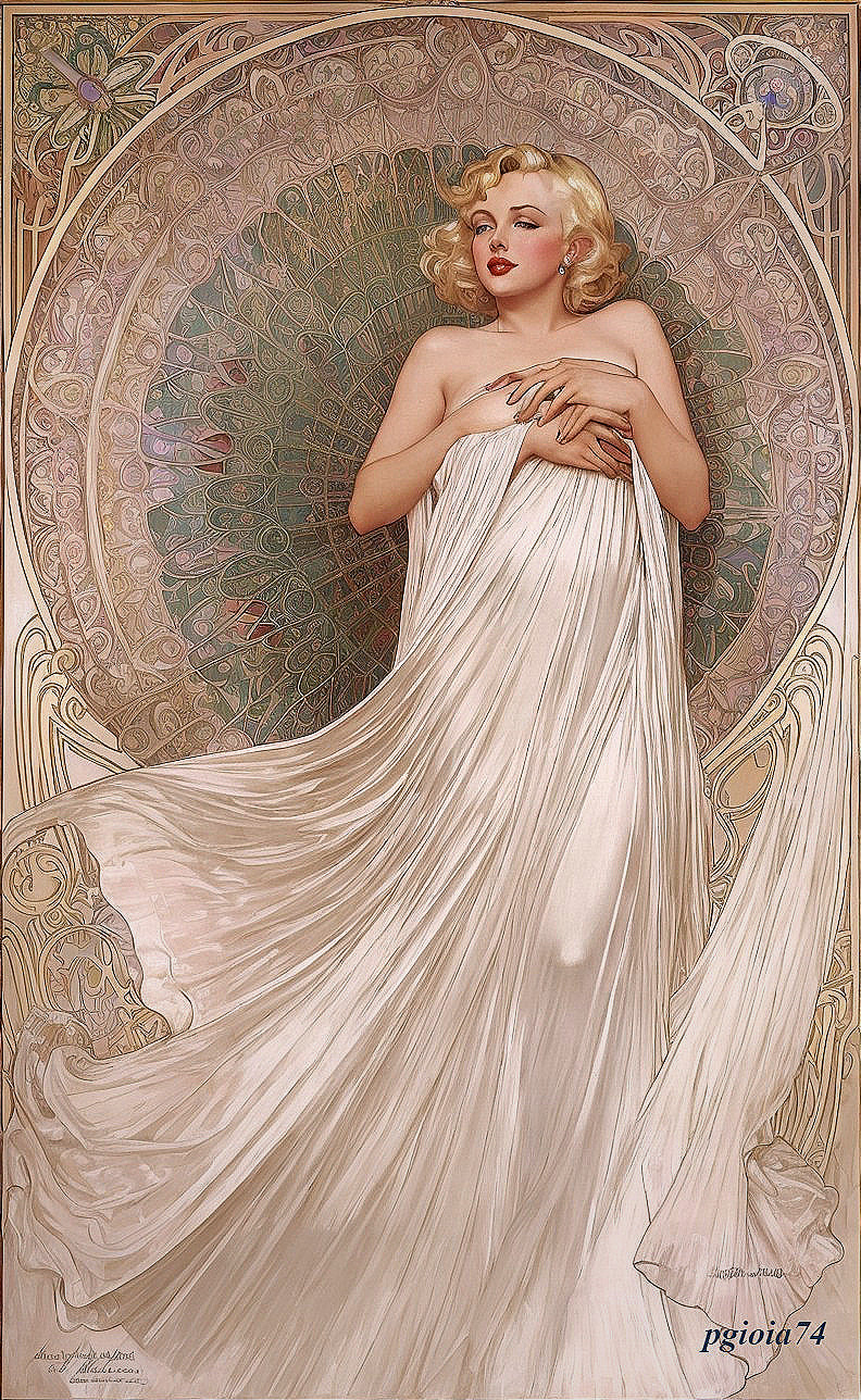 Elegant Woman in White Gown with Art Nouveau Background