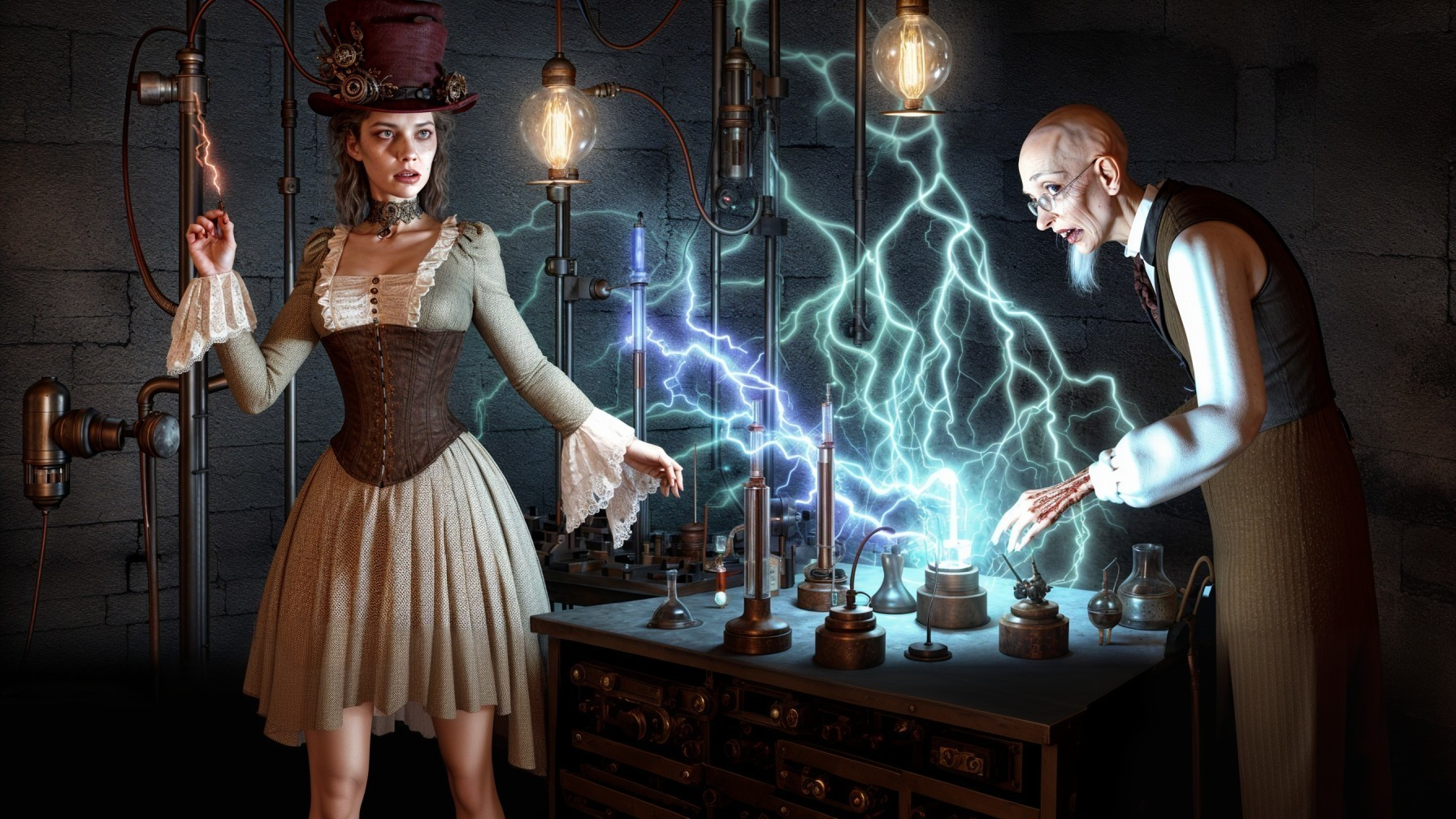 Victorian Woman and Scientist in Steampunk Laboratory