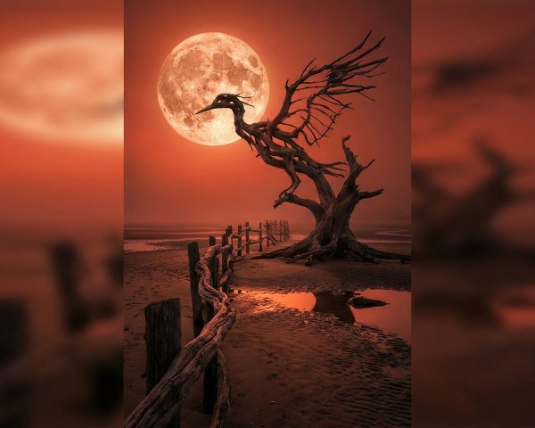 Giant Orange Blood Moon Behind Twisted Tree Silhouette