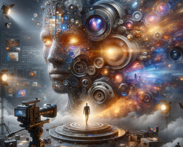 Futuristic humanoid face in a cosmic setting