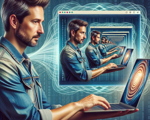 Man in Denim Jacket with Laptop and Digital Patterns