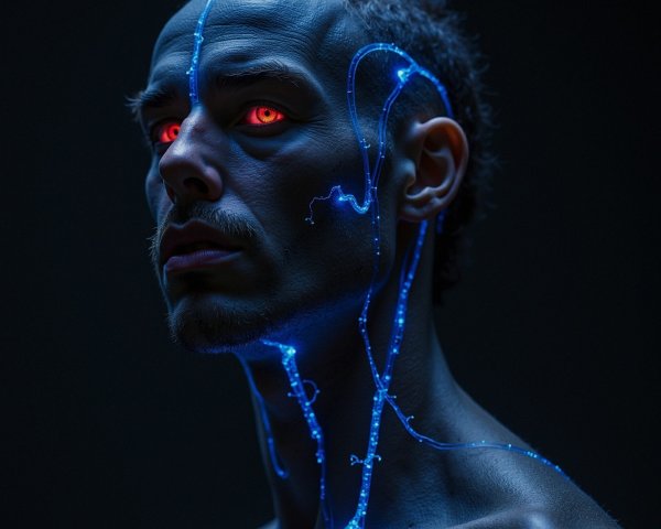Portrait of a Man with Red Eyes and Blue Circuitry