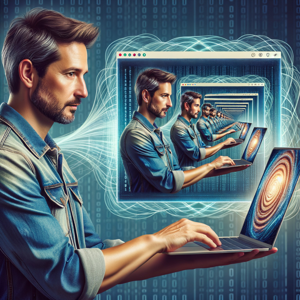 Man in Denim Jacket with Laptop and Digital Patterns