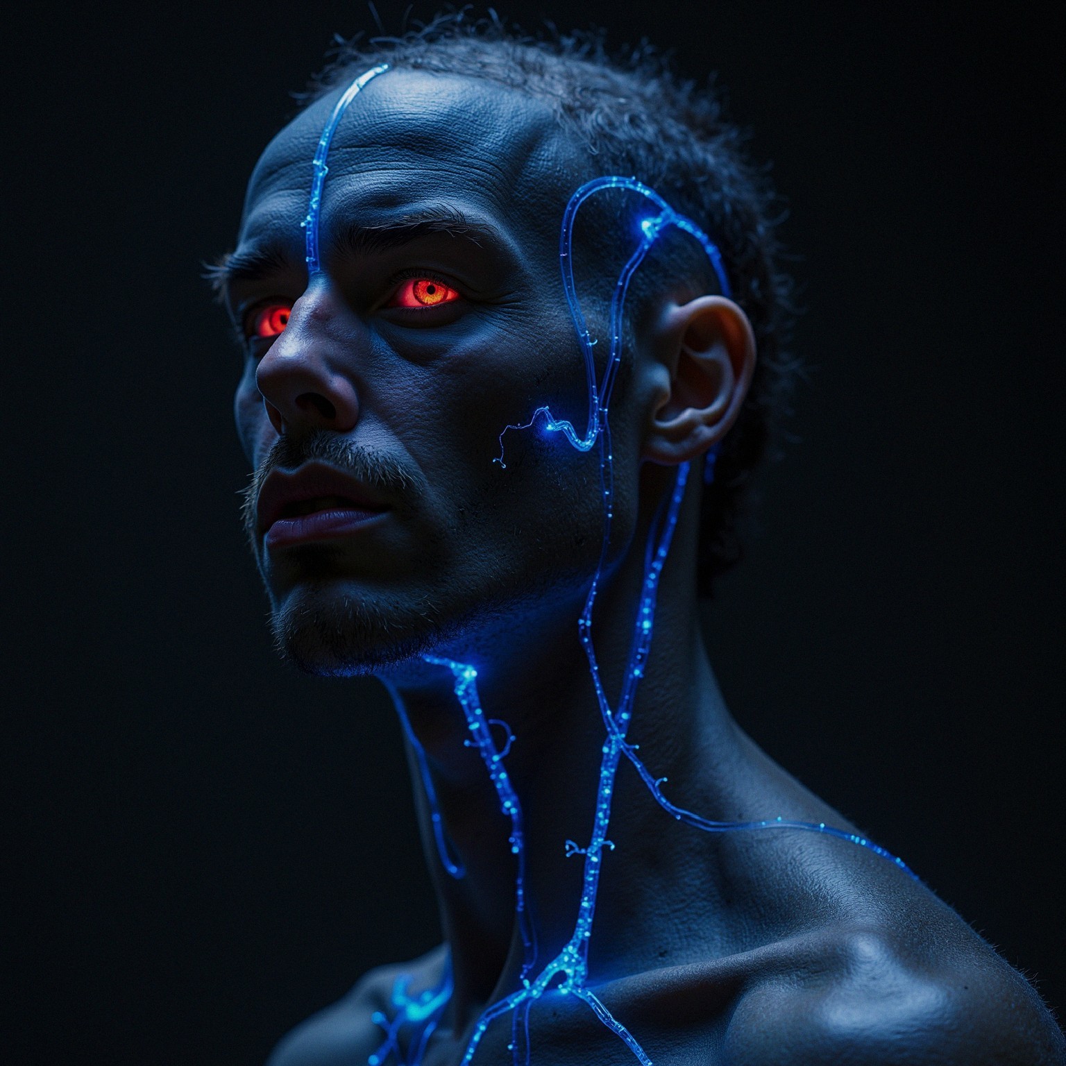 Portrait of a Man with Red Eyes and Blue Circuitry