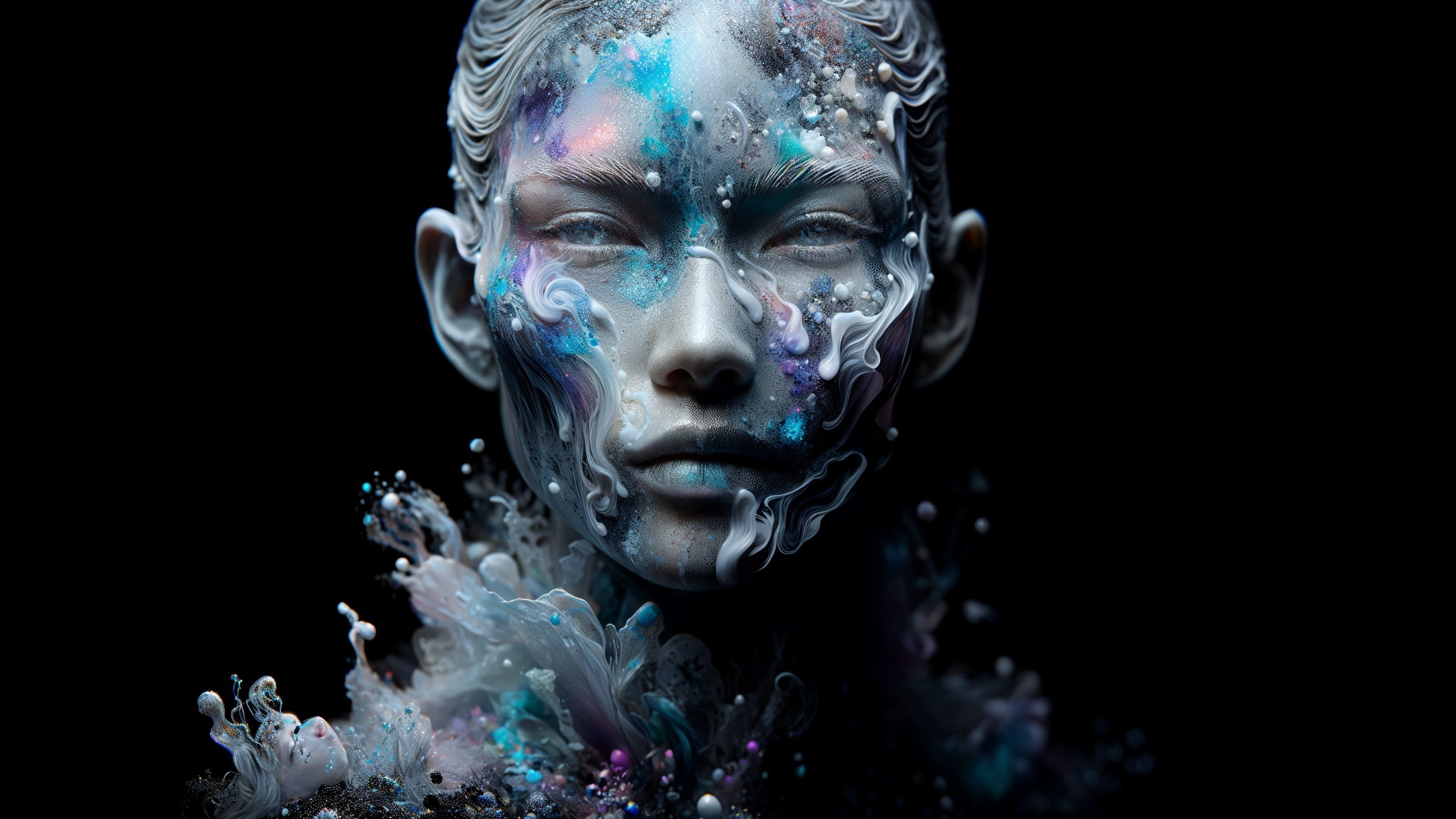 Sculptural Face with Cosmic Patterns and Fluid Forms