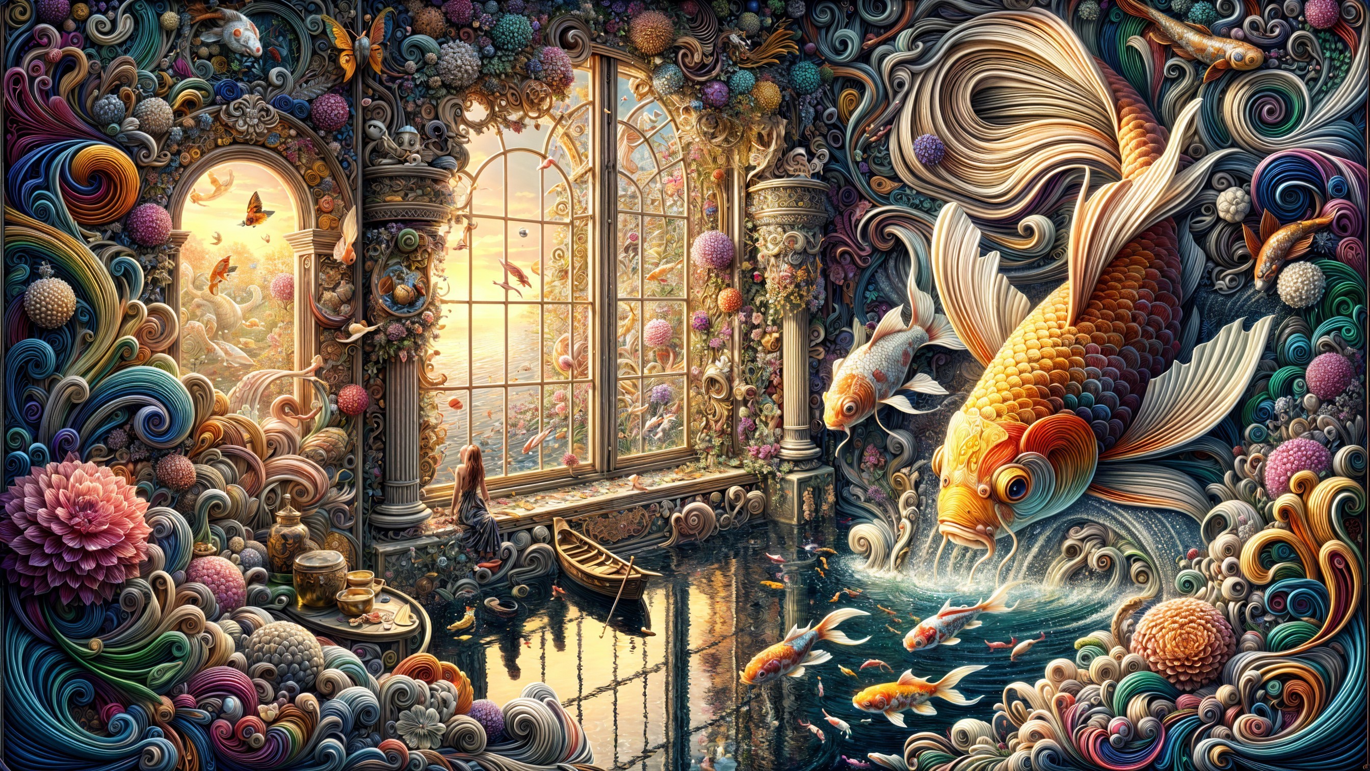 Ornate Room with Flowers and Serene Sunset View