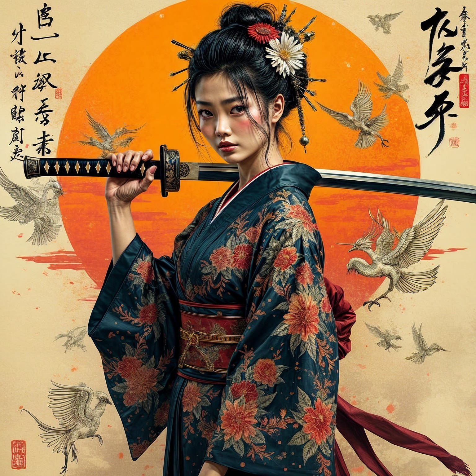 Fierce Woman with Katana in Floral Kimono and Cranes
