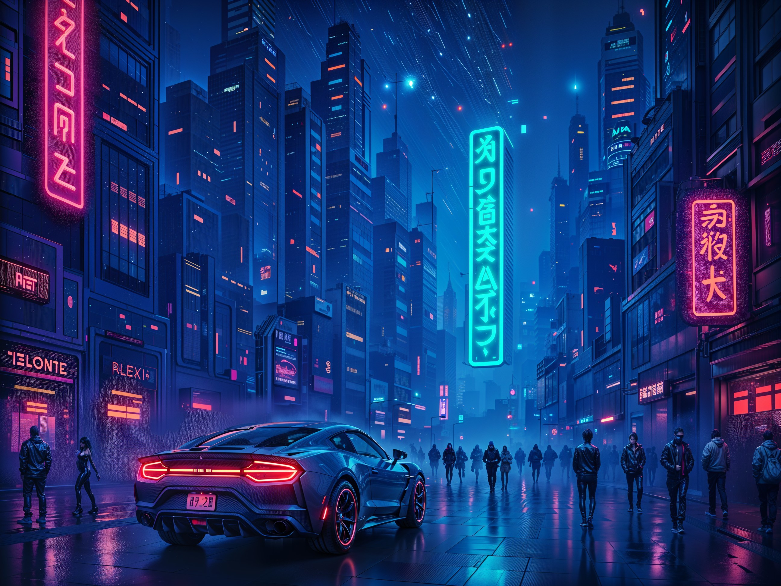 Futuristic Sports Car in Vibrant Cyberpunk City