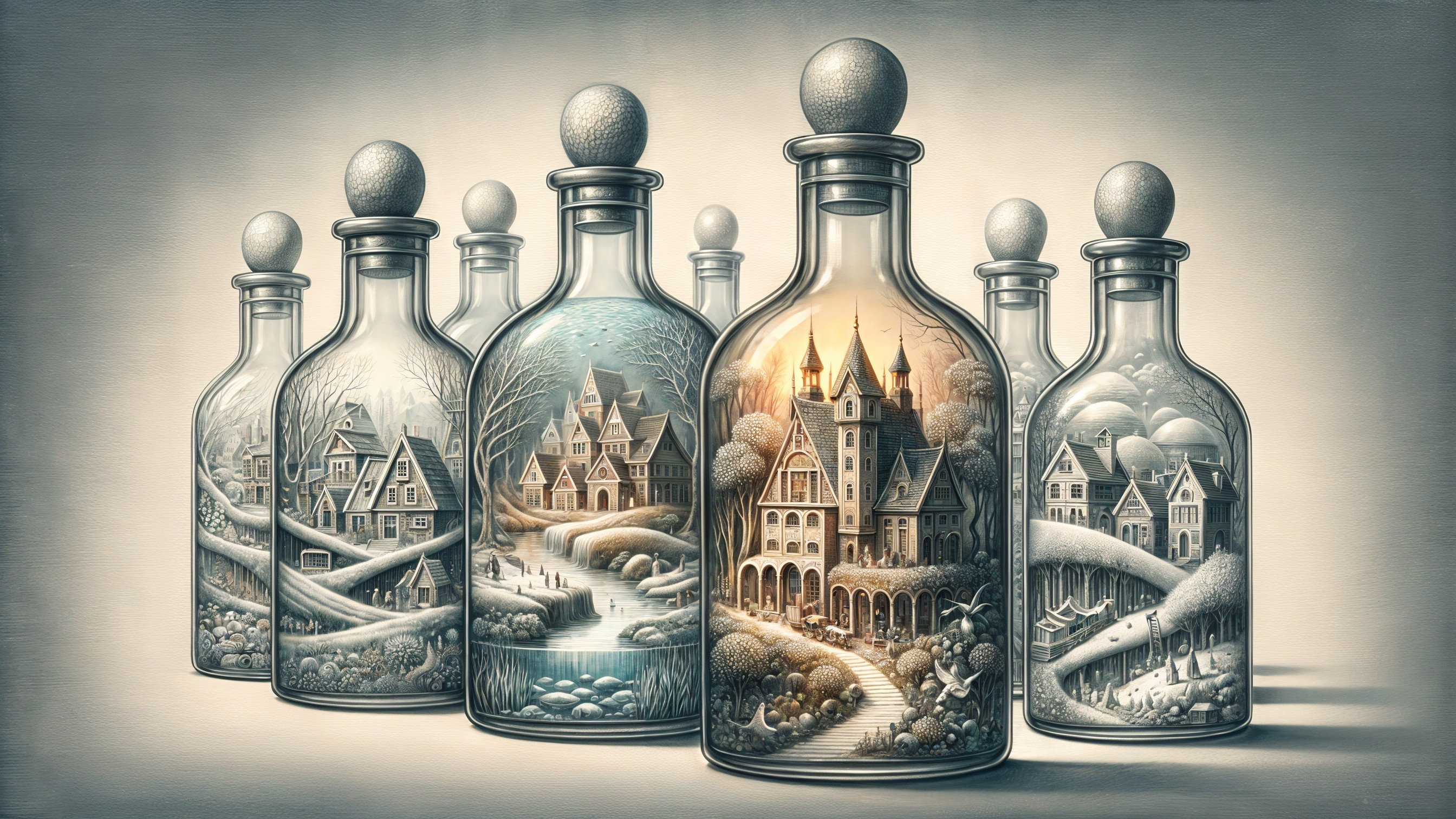 Intricately Designed Glass Bottles with Miniature Landscapes