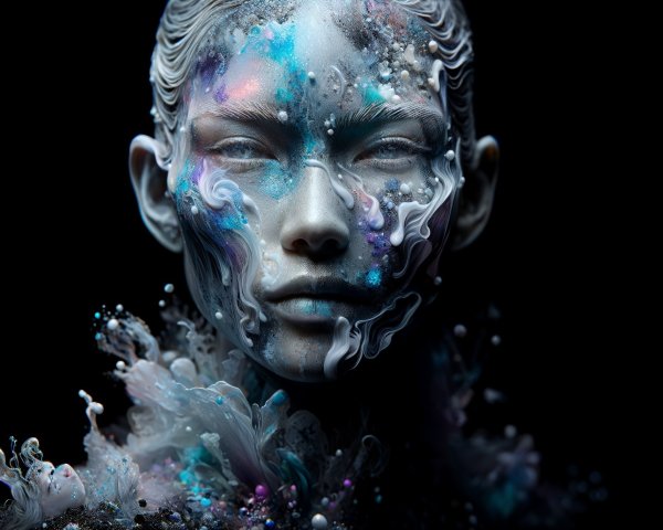 Sculptural Face with Cosmic Patterns and Fluid Forms