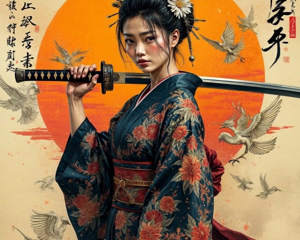 Fierce Woman with Katana in Floral Kimono and Cranes