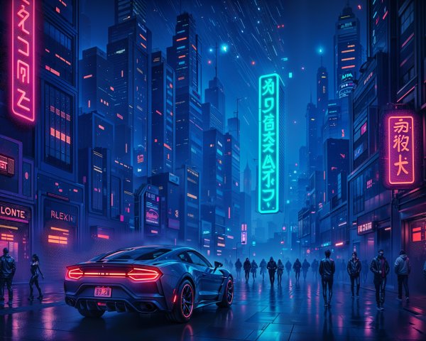 Futuristic Sports Car in Vibrant Cyberpunk City