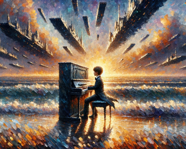 Young boy playing piano on colorful shoreline at sunset