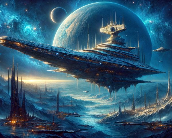 Futuristic Spaceship Over Alien Landscape and Planet