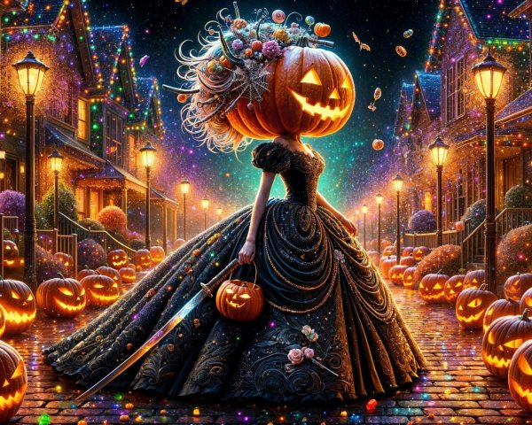 Whimsical Halloween Scene with Pumpkin-Head Figure