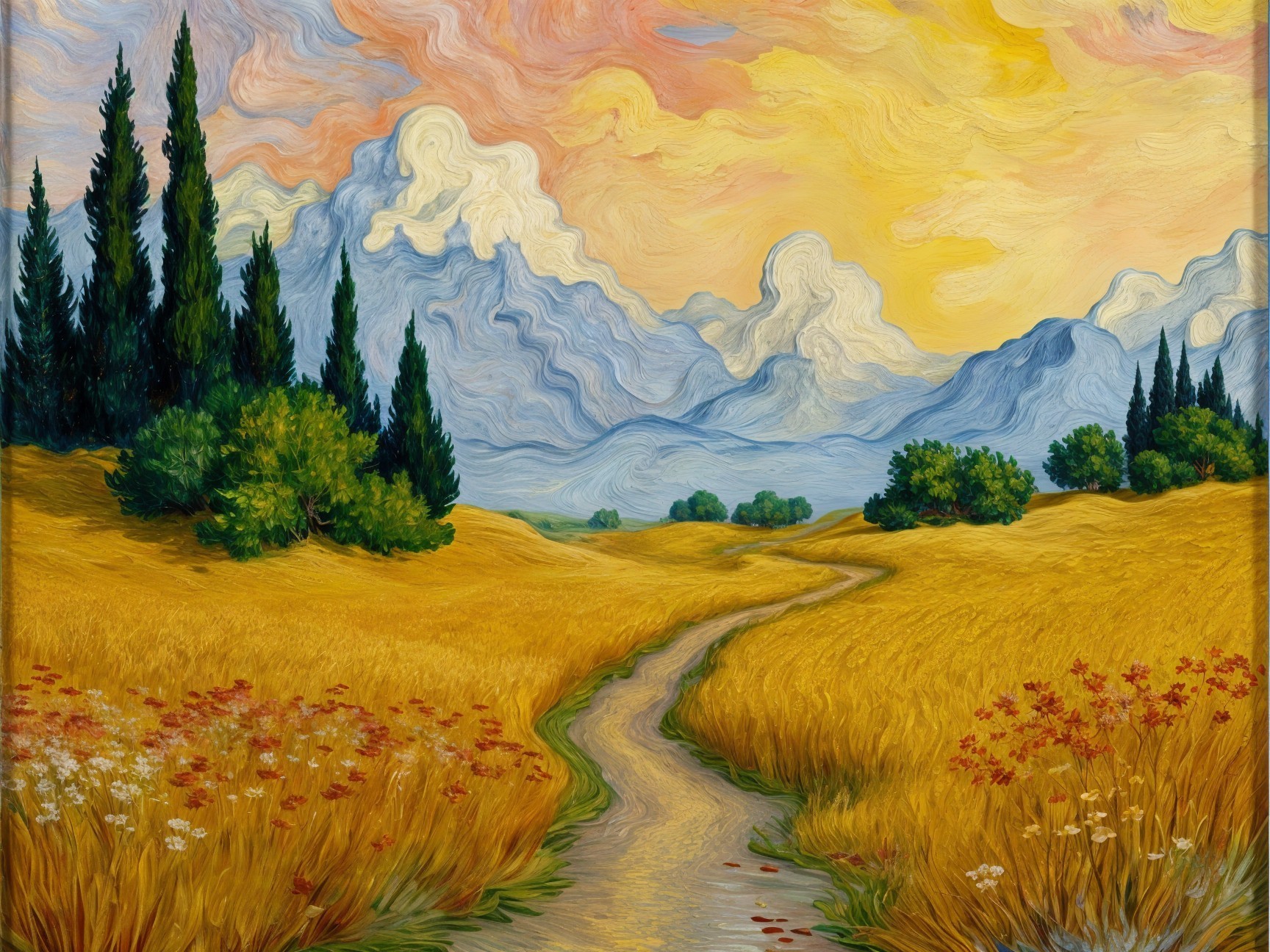 Golden Field and Mountains Under Vibrant Sky