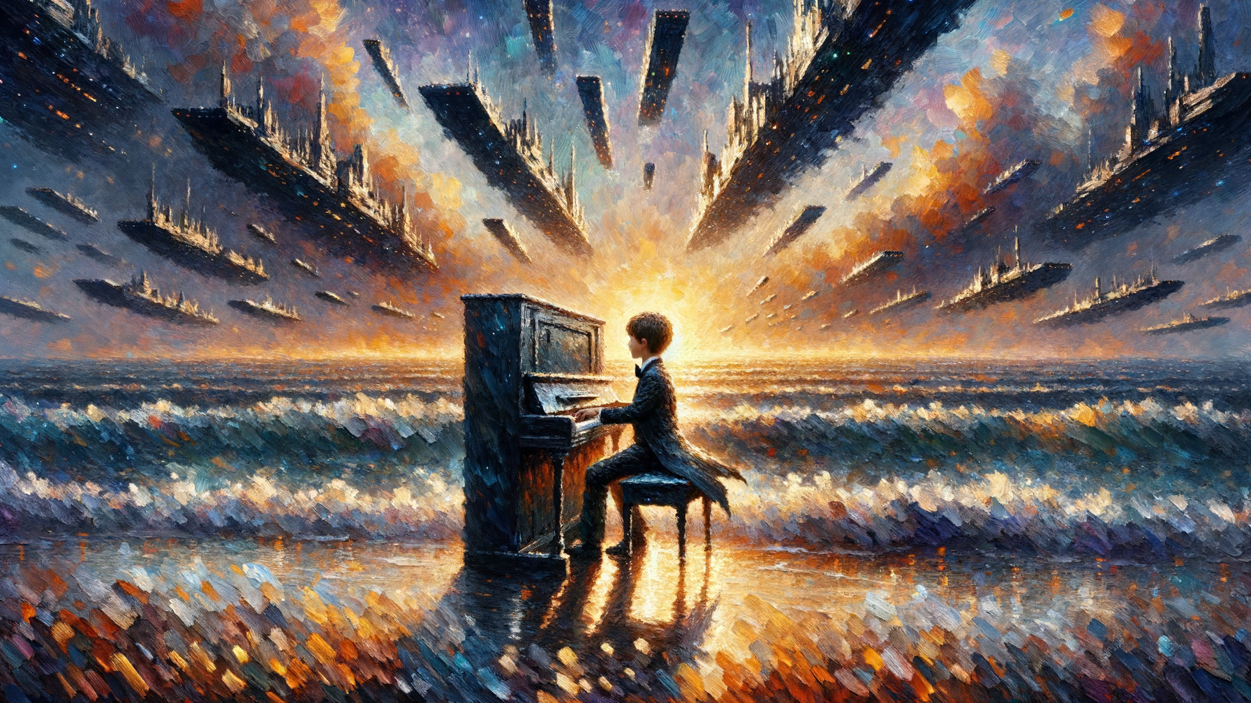 Young boy playing piano on colorful shoreline at sunset