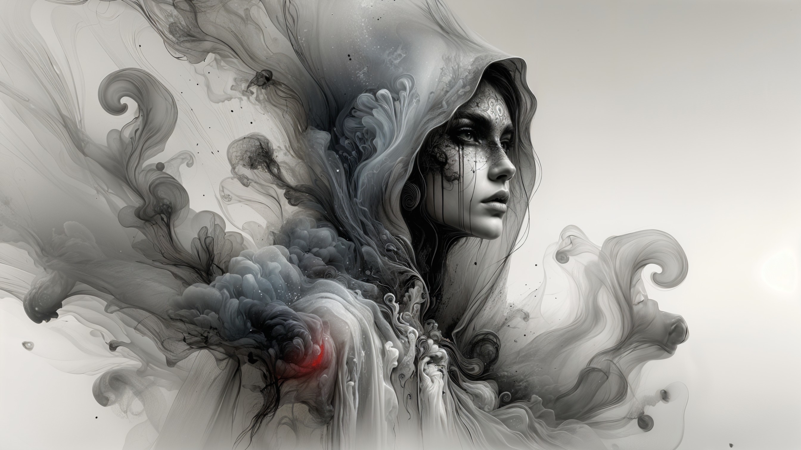 Ethereal Figure in Smoky Black and Gray Clouds