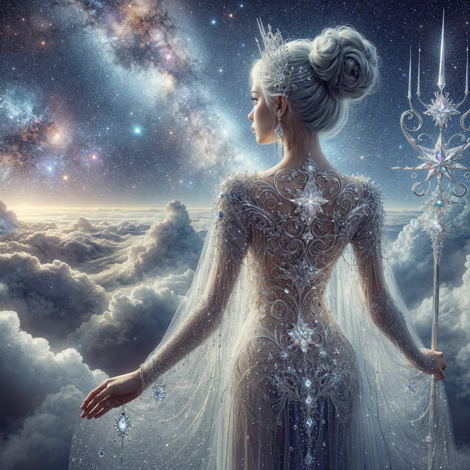 Cosmic Figure in Celestial Gown with Staff