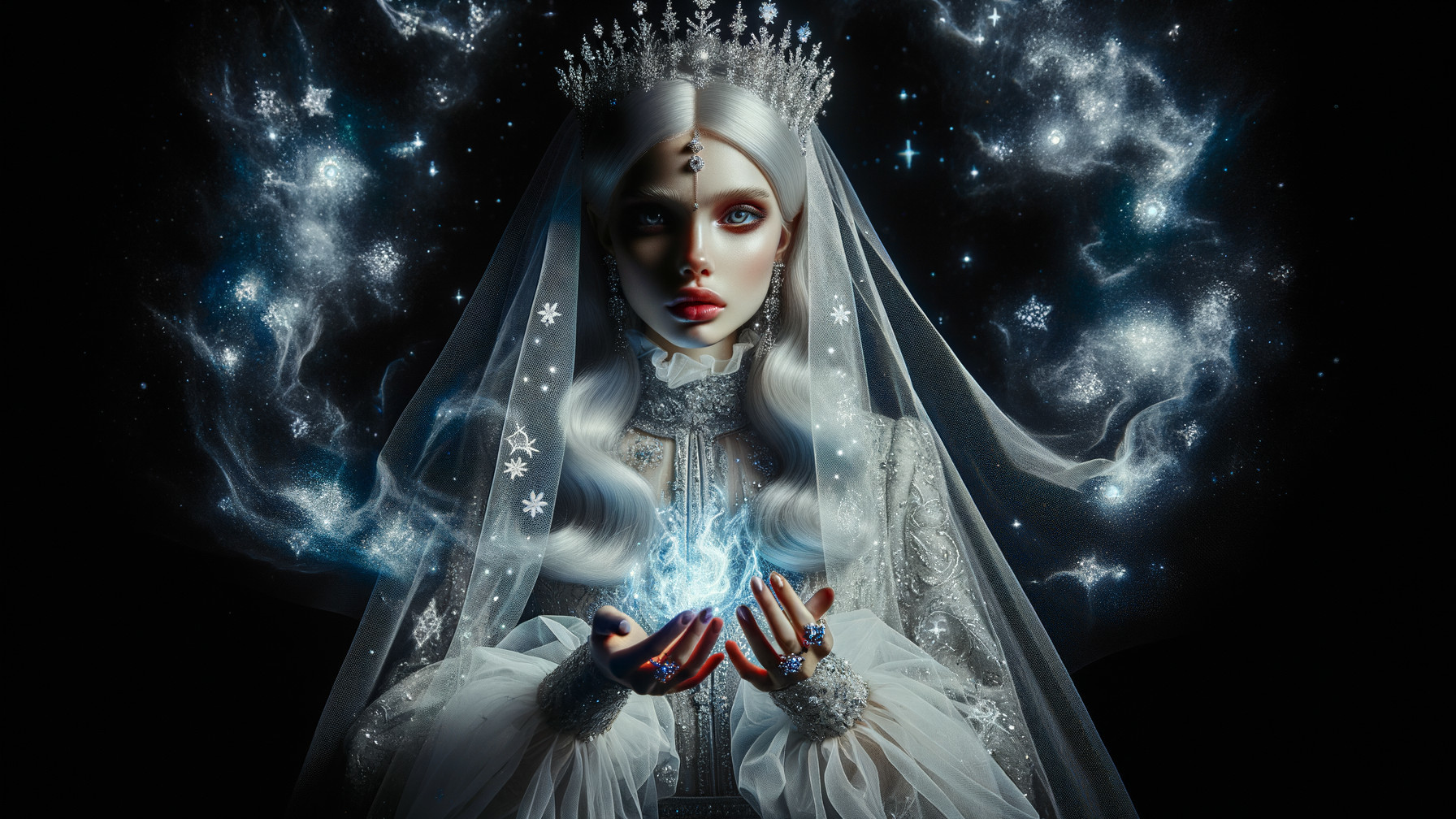 Mystical figure in gown with glowing orb and stars