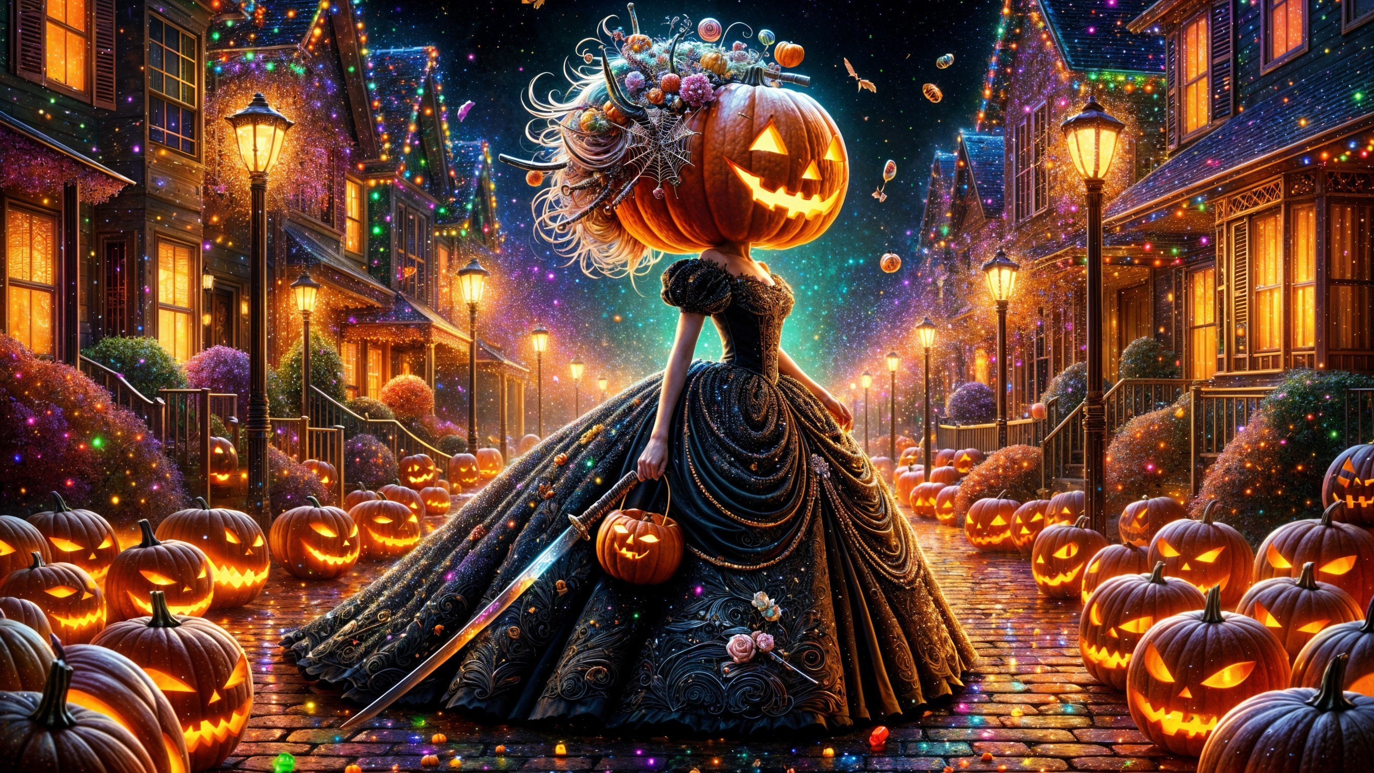 Whimsical Halloween Scene with Pumpkin-Head Figure
