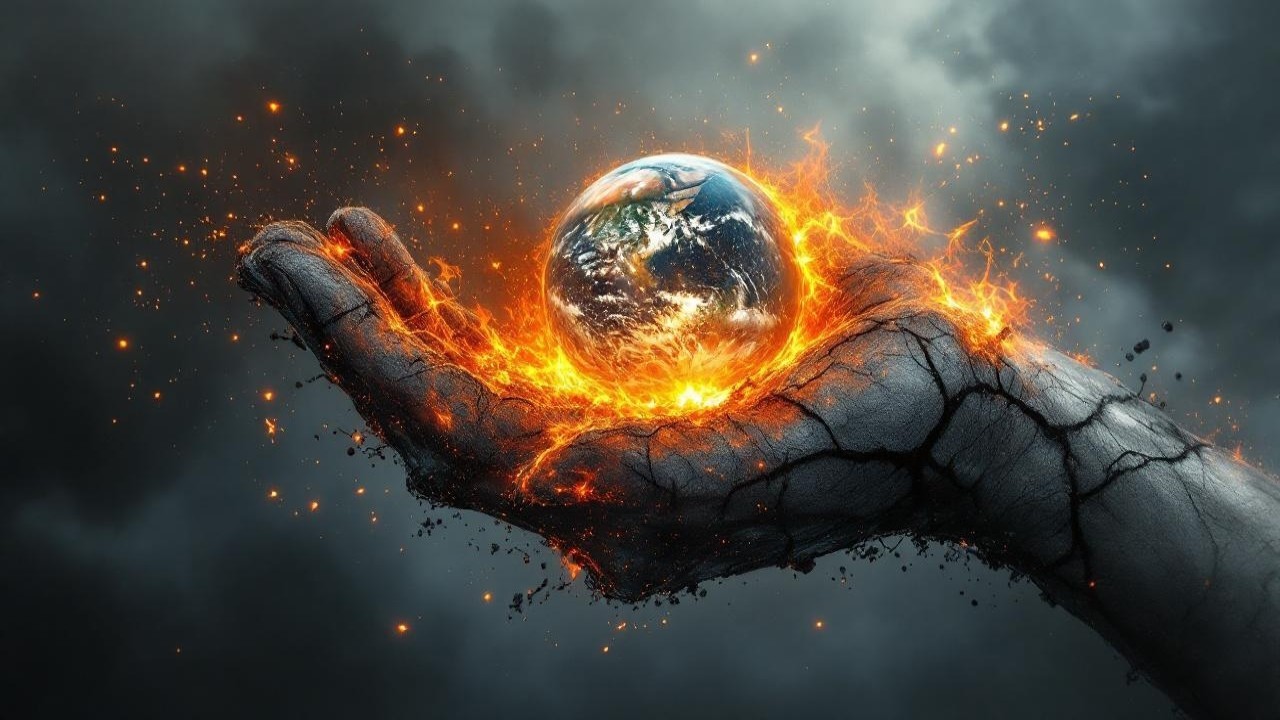 Colossal Hand Cradling Glowing Earth Amidst Storm