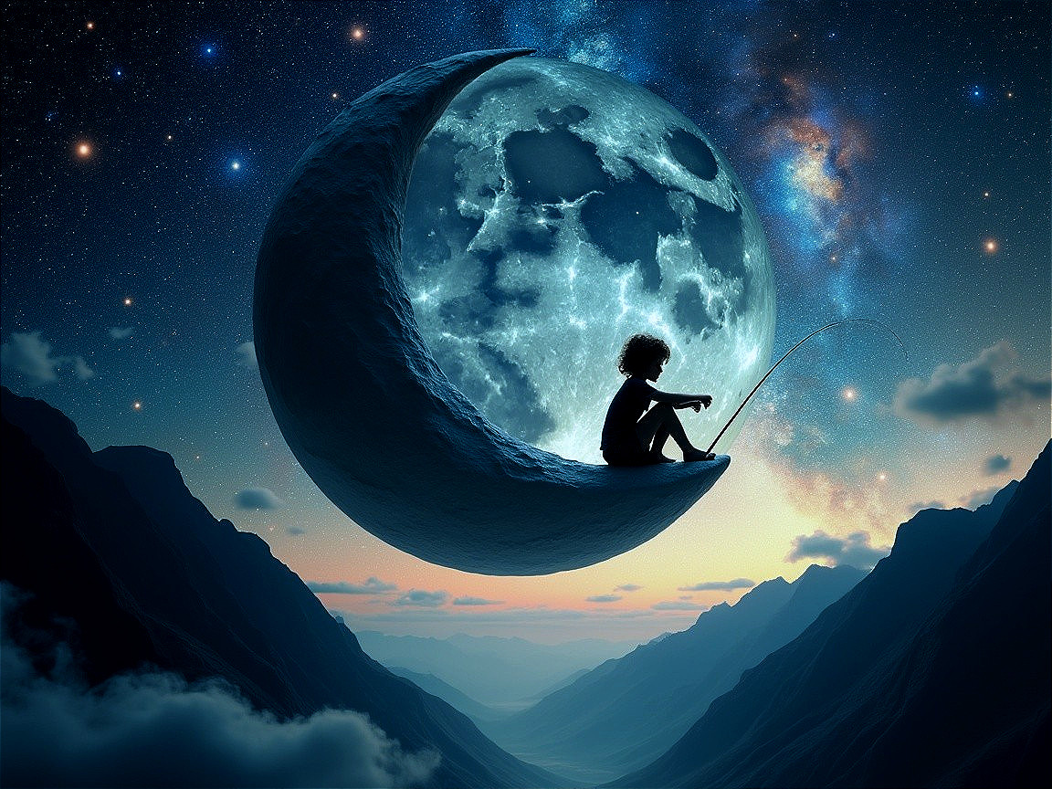 Child Fishing on Crescent Moon in Dreamlike Landscape