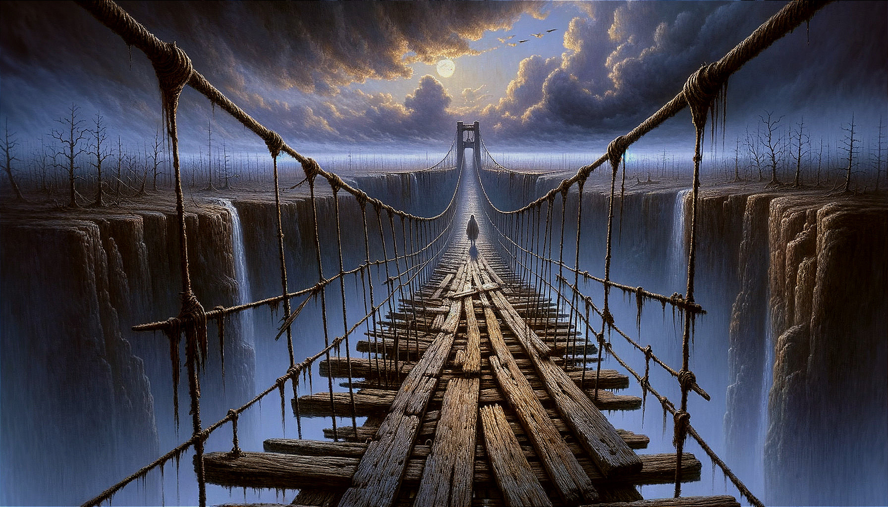 Desolate Landscape with Wooden Bridge and Ominous Clouds