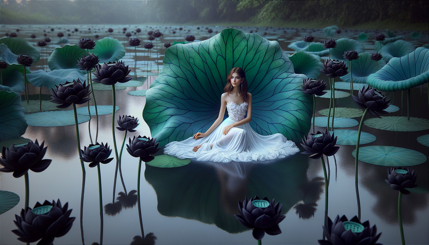 Serene Pond Scene with Lotus Leaves and Water Lilies