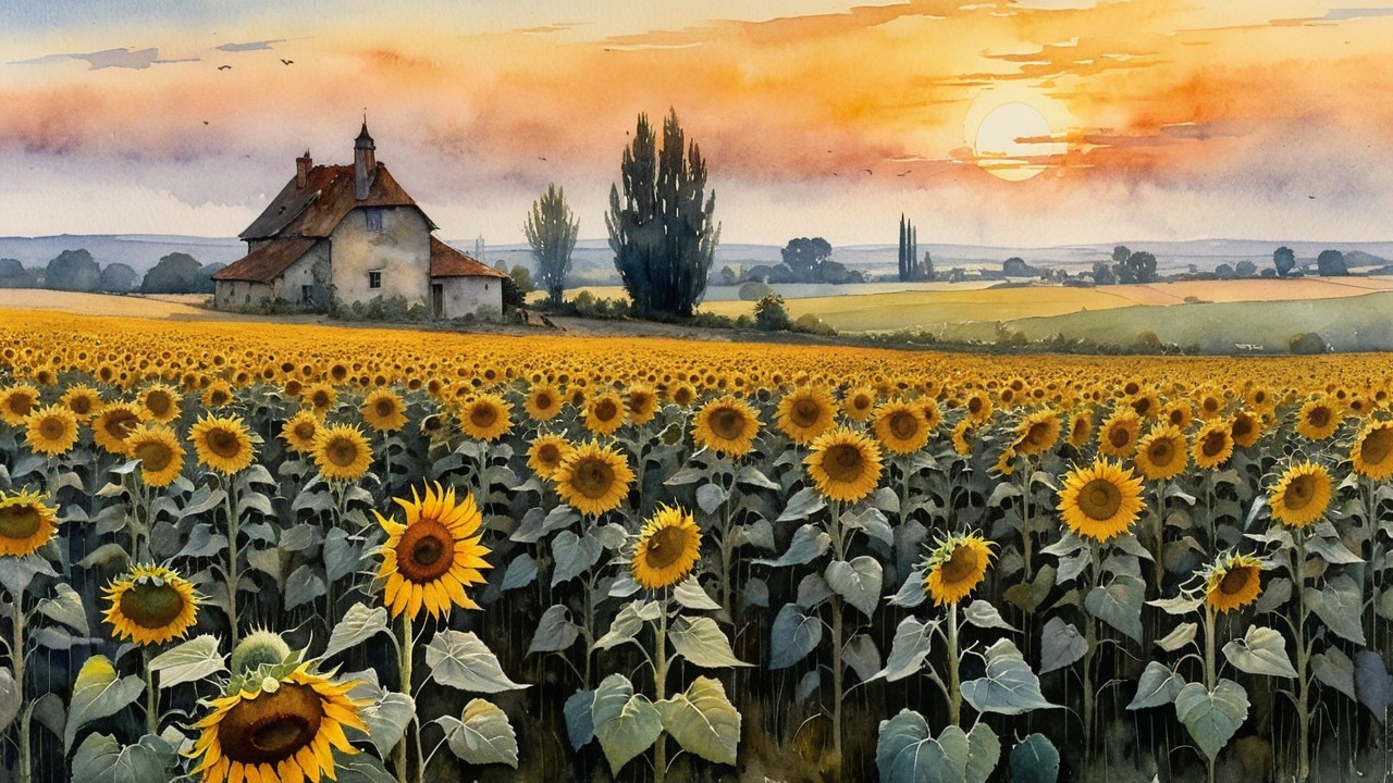 Sunset Over Sunflower Field and Rustic Farmhouse