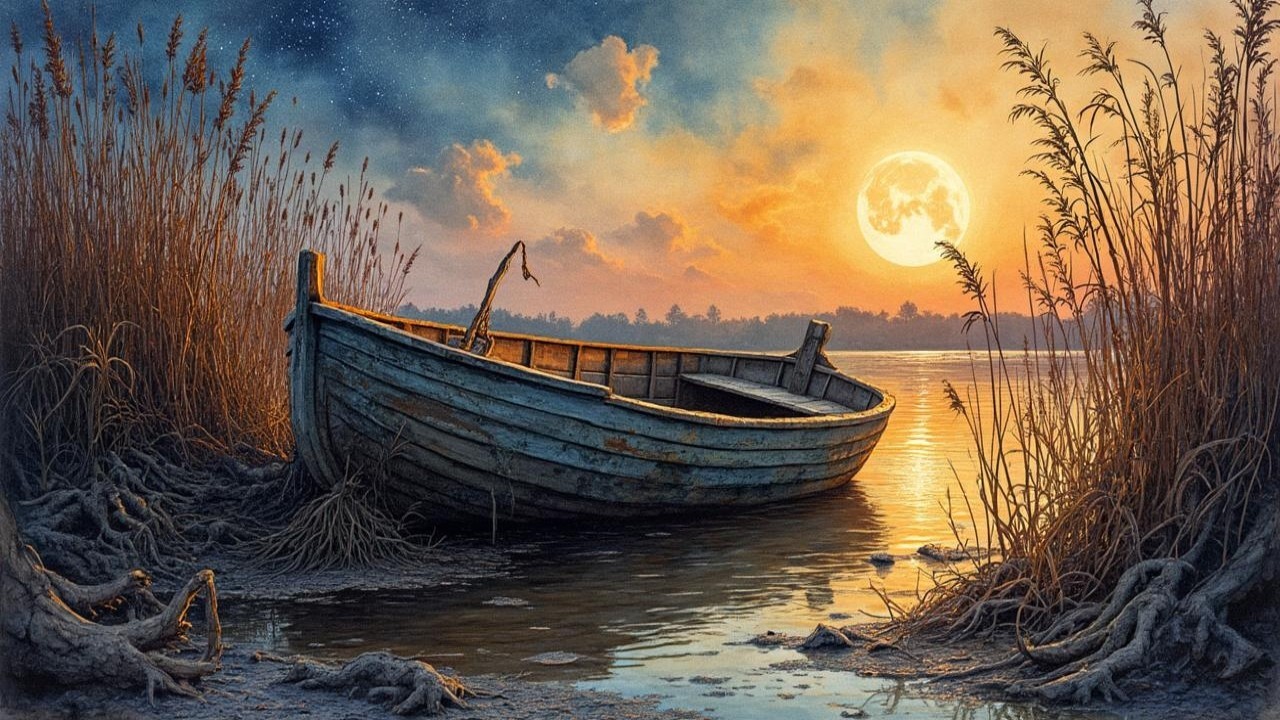 Serene Landscape with Boat by Calm Lake at Twilight