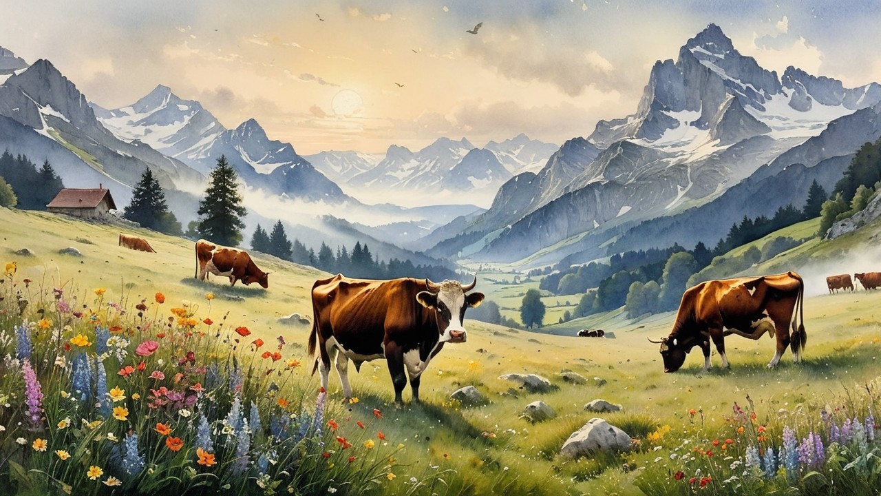 Serene Landscape with Cows and Majestic Mountains