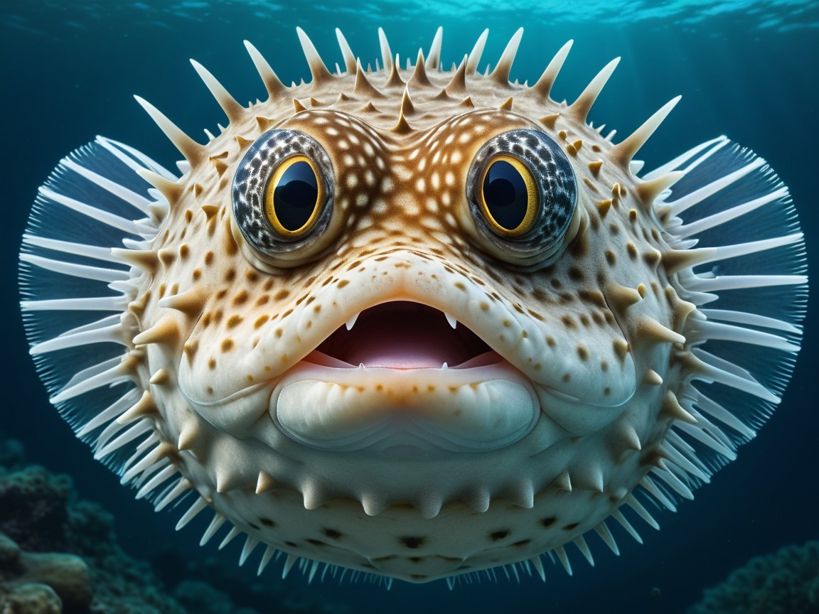 Colorful Pufferfish Gliding Underwater with Bubbles