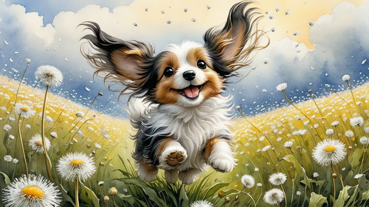 Cheerful dog playing in sunny dandelion field