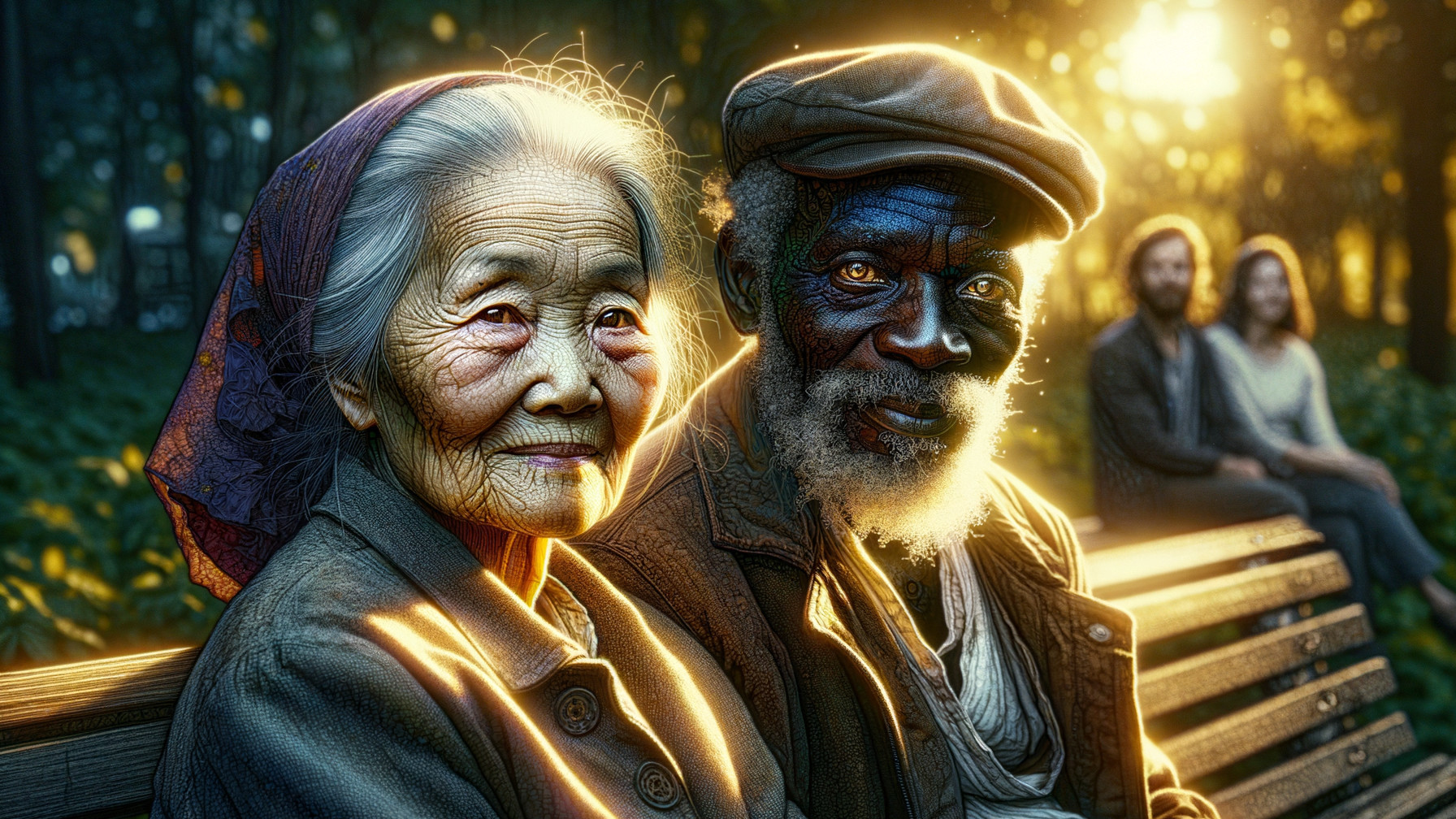 Elderly Woman and Man Smiling in Sunlit Park