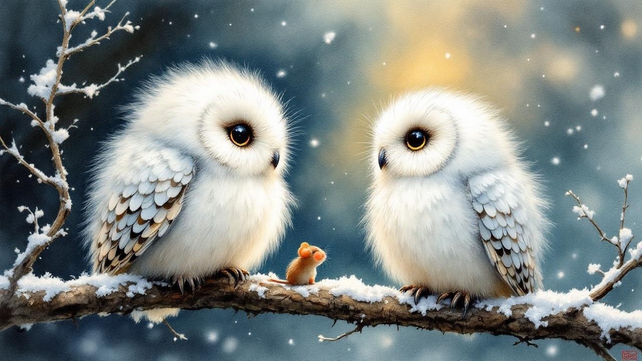 Owls and Mouse on a Snowy Branch in Winter Scene