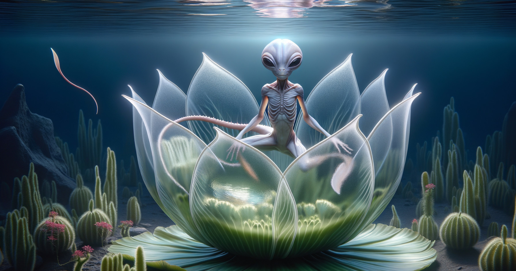 Surreal Underwater Scene with Extraterrestrial Being