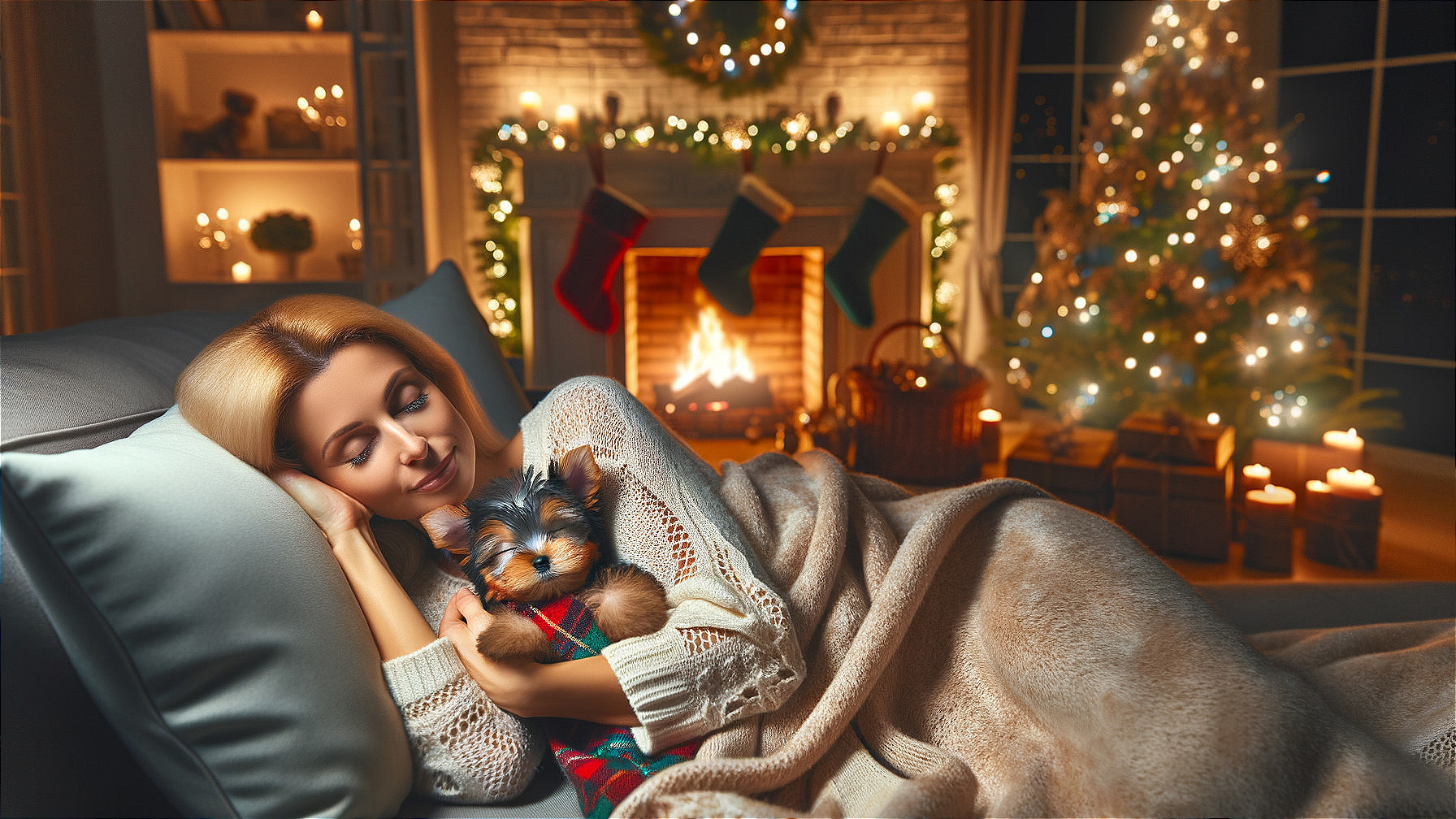 Cozy Winter Scene with Woman, Dog, and Fireplace