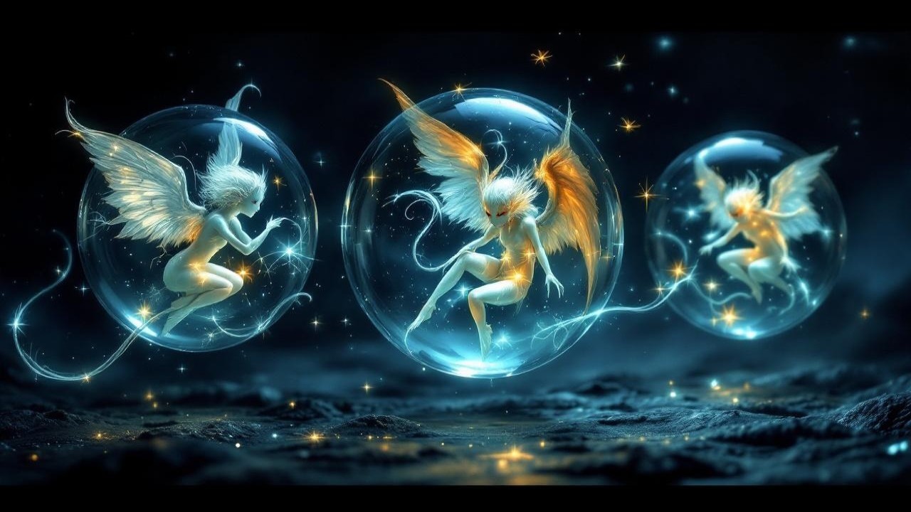 Three Faeries in Orbs with Delicate Wings and Stars