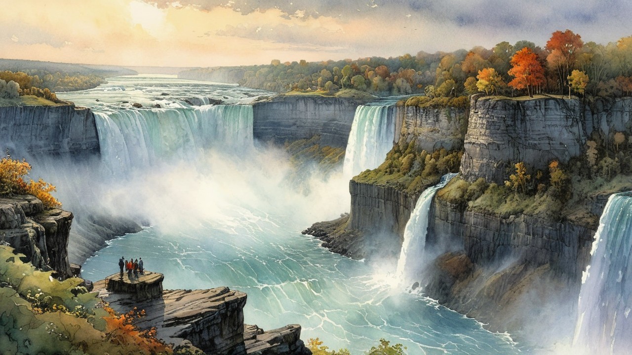 Autumn View of Niagara Falls with Cascading Water