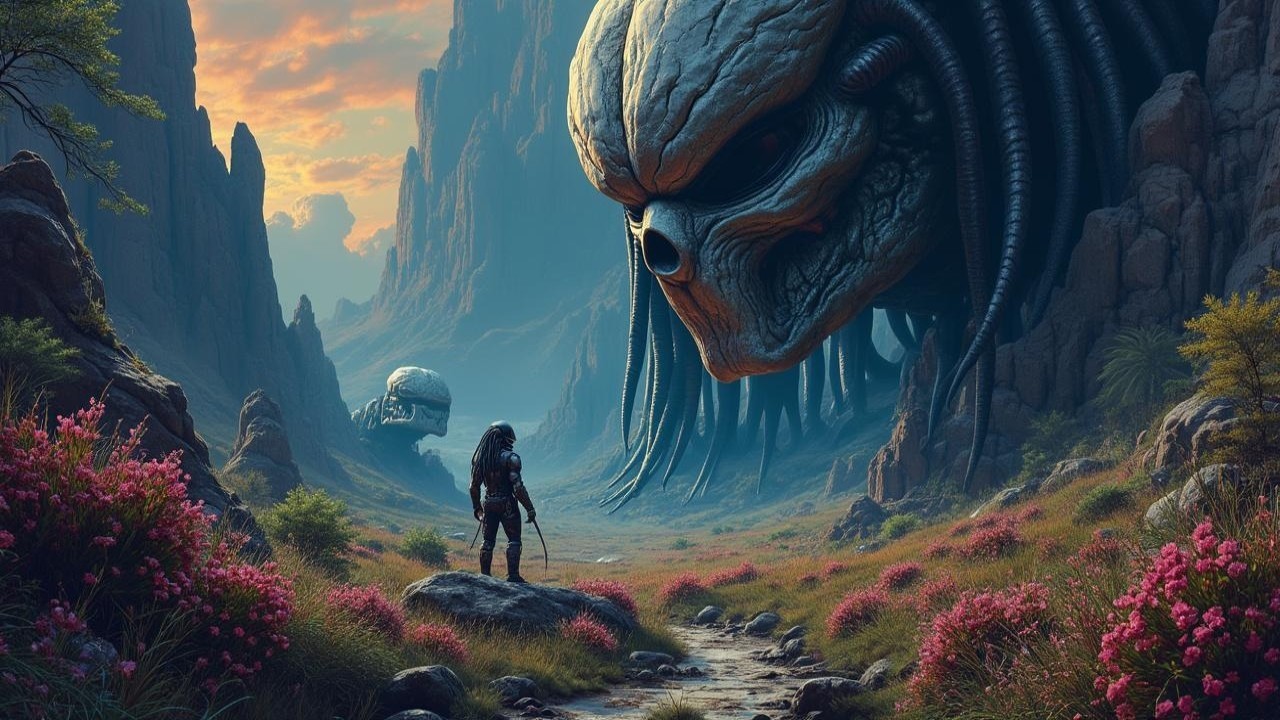 Surreal Landscape with Skull Statues and Vibrant Valley