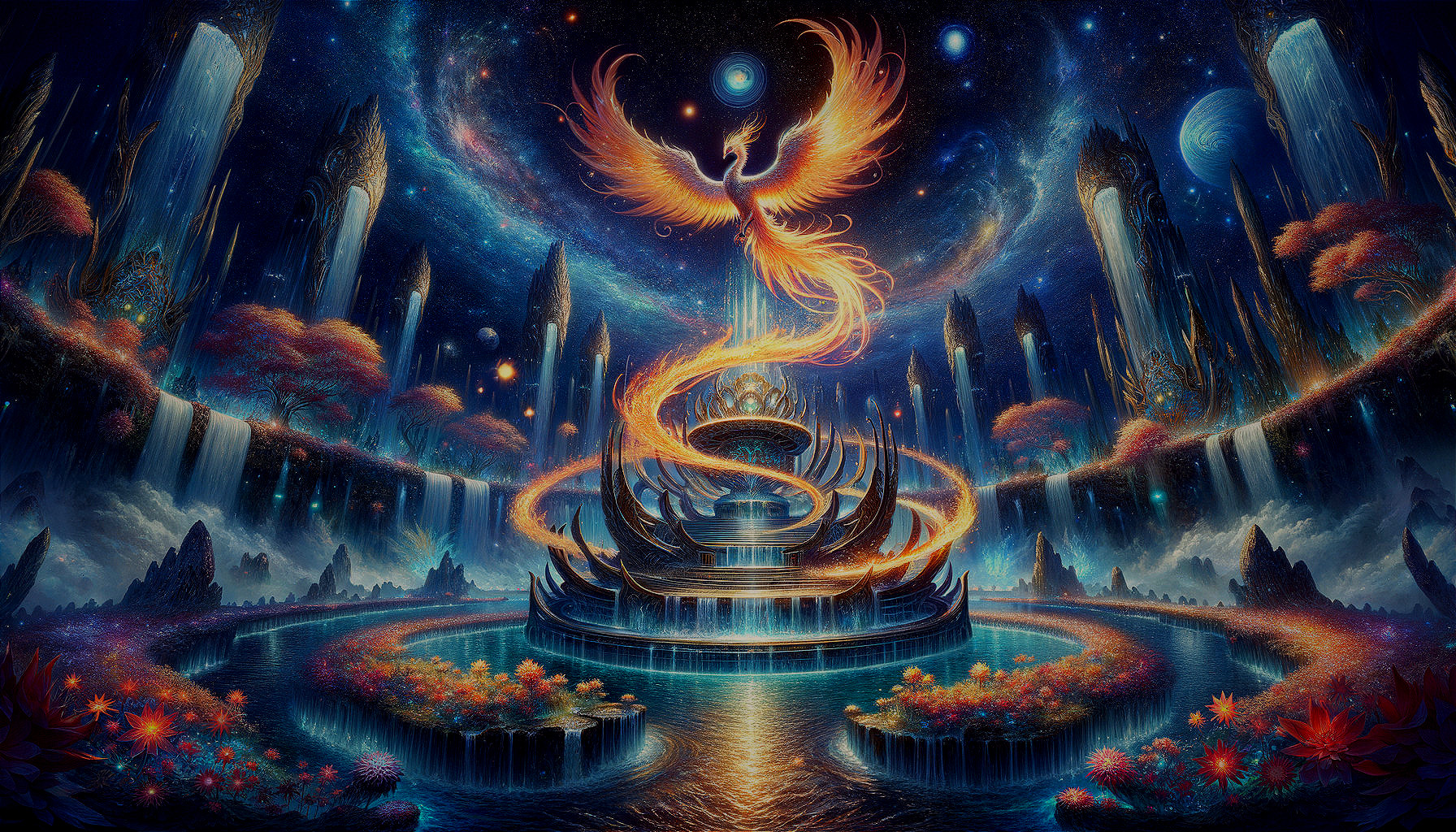 Cosmic Scene with Phoenix and Luminous Fountain