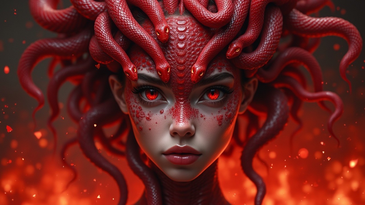 Mythical Figure with Intense Gaze and Red Features