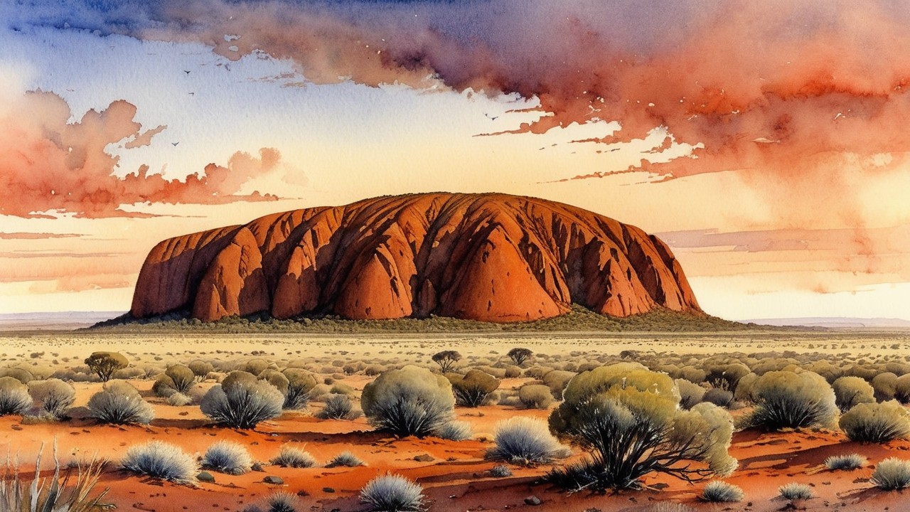 Watercolor Painting of Uluru in the Australian Outback