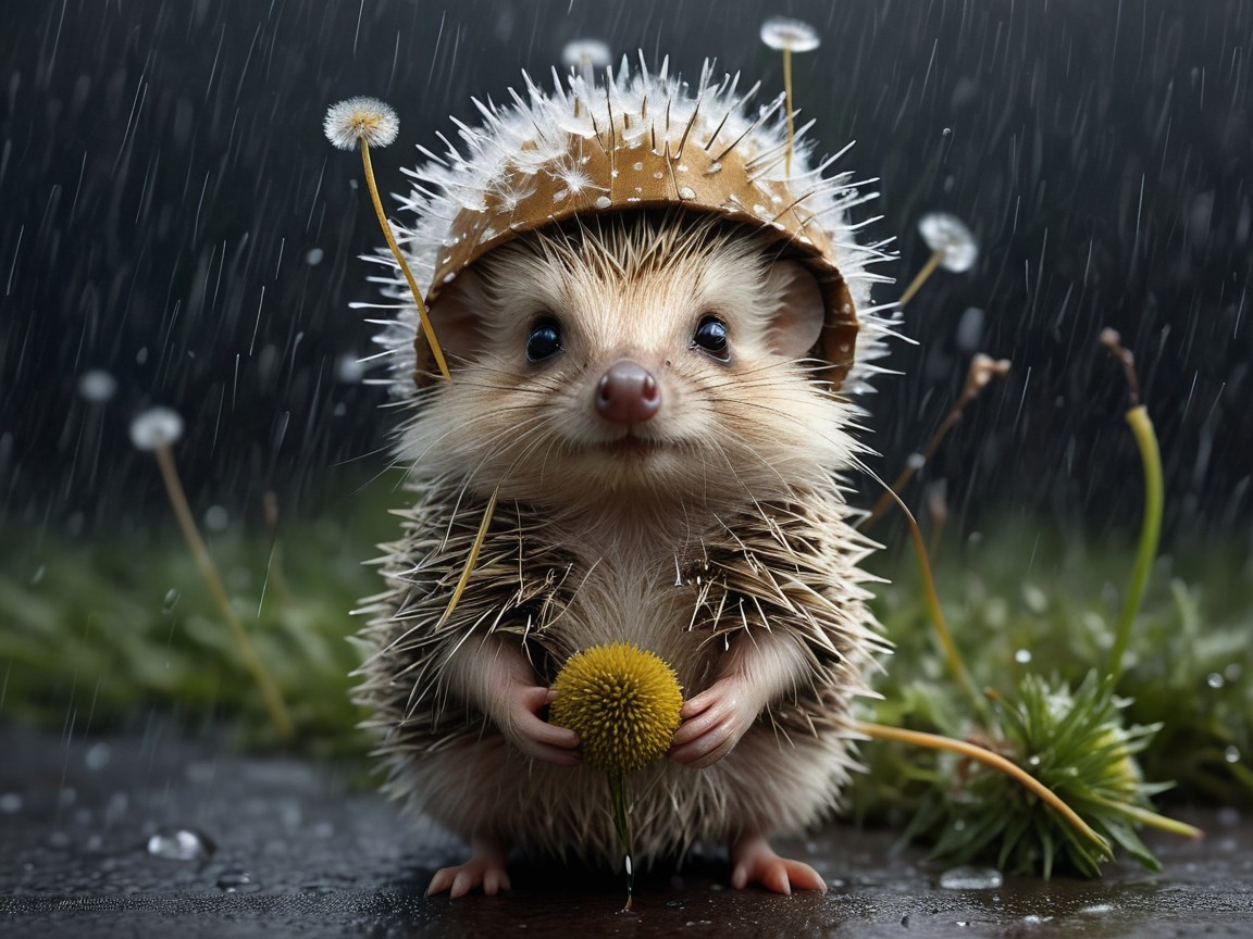 Hedgehog in Rain with Hat and Yellow Flower