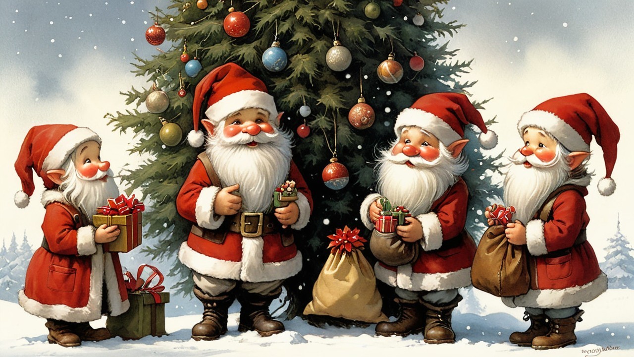 Four Christmas Elves with Gifts by a Decorated Tree