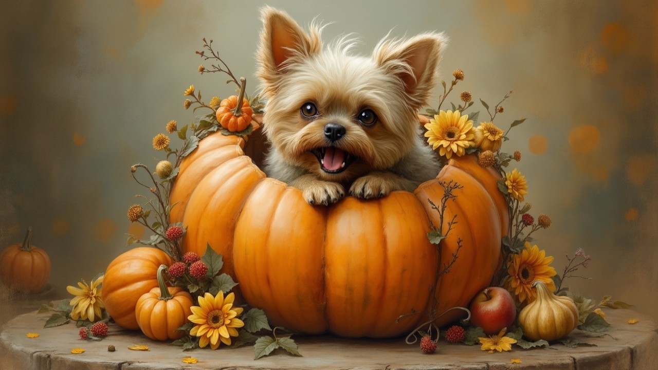 Cheerful Dog in Pumpkin Surrounded by Autumn Decor