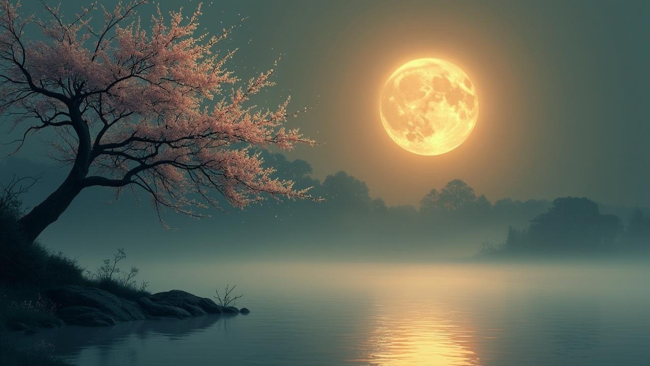 Serene night landscape with full moon and blossoms