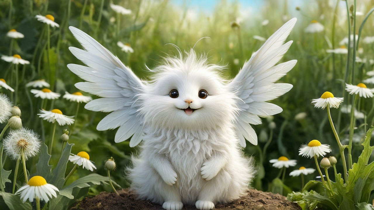 Whimsical Creature in Flower-Filled Meadow Scene