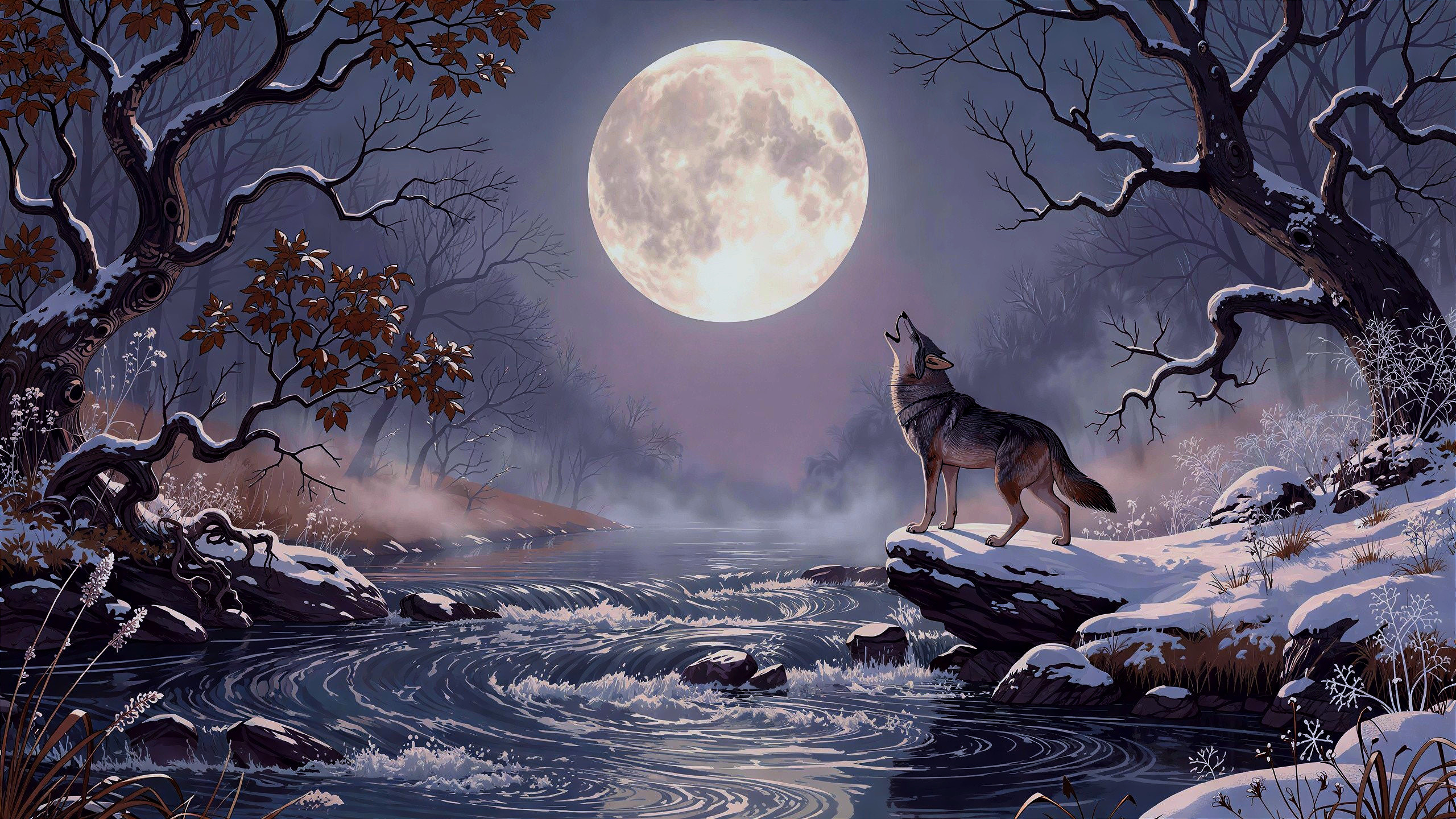 Wolf Howling at Full Moon in Winter Landscape